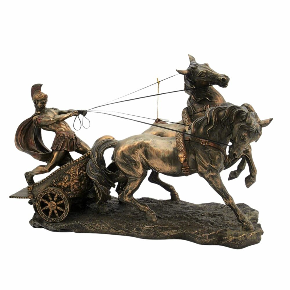 Grande Figurine Ben-Hur Char Antique de Course à Deux Roues et Deux Chevaux - 60 x 42 cm