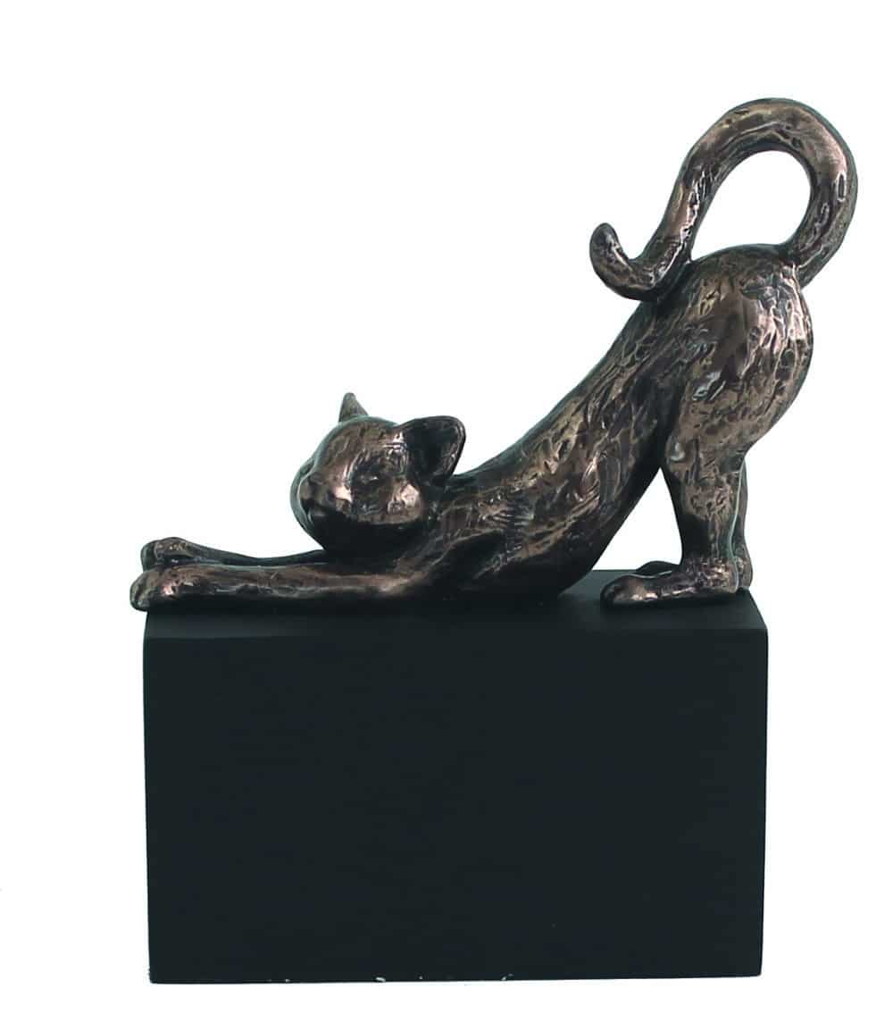 Sculpture Féline en Bronze - Chat S'étirant sur Socle Noir