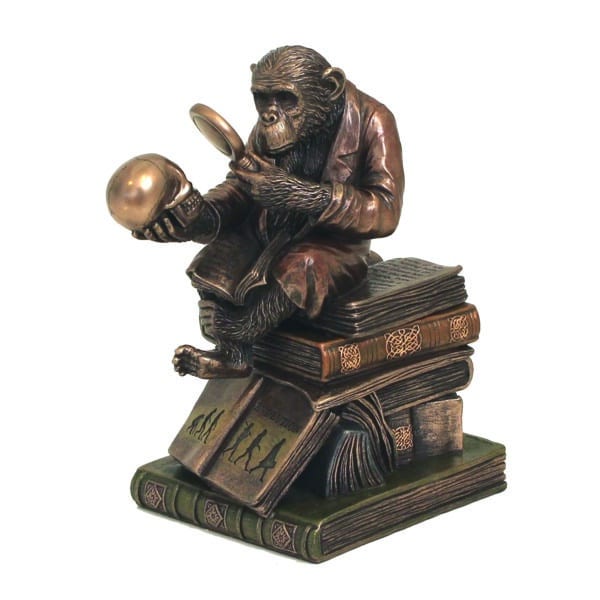 Statuette Darwinienne - Singe Philosophe avec Loupe et Crâne sur des Livres d'Évolution