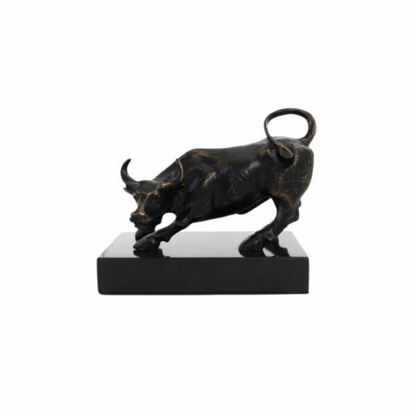 Statuette de Taureau en Laiton Plaque Zinc - Sculpture Décorative sur Socle en Marbre Noir