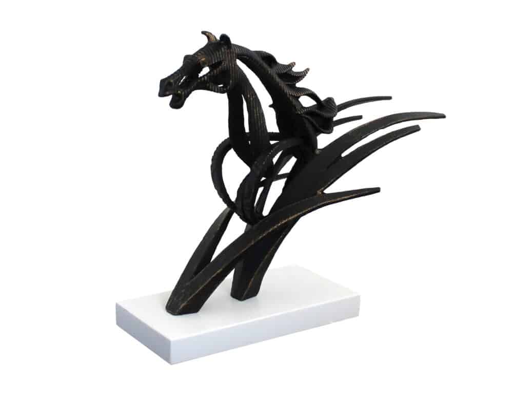 Statuette Sculpture Cheval en Zinc Plaque Laiton sur Socle en Marbre Blanc - Design Abstrait Moderne