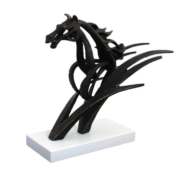 Statuette Sculpture Cheval en Zinc Plaque Laiton sur Socle en Marbre Blanc - Design Abstrait Moderne