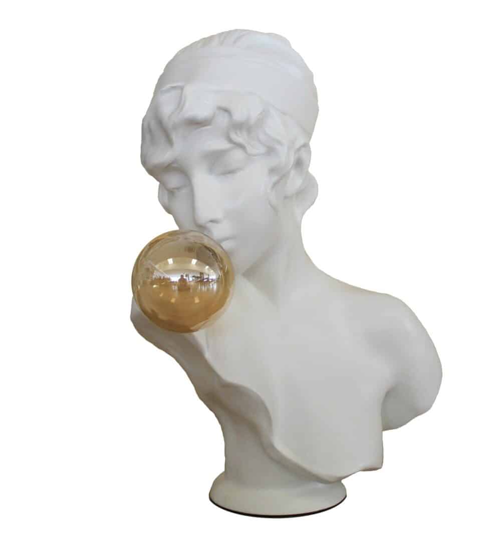 Buste Décoratif en Résine Blanche - Femme avec Bulle de Chewing-gum - Hauteur 53 cm