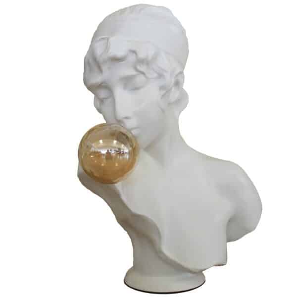 Buste Décoratif en Résine Blanche - Femme avec Bulle de Chewing-gum - Hauteur 53 cm