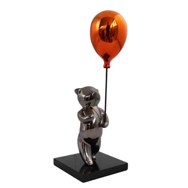 Statuette Design Contemporain - Ours avec Ballon en Résine Chromée Orange