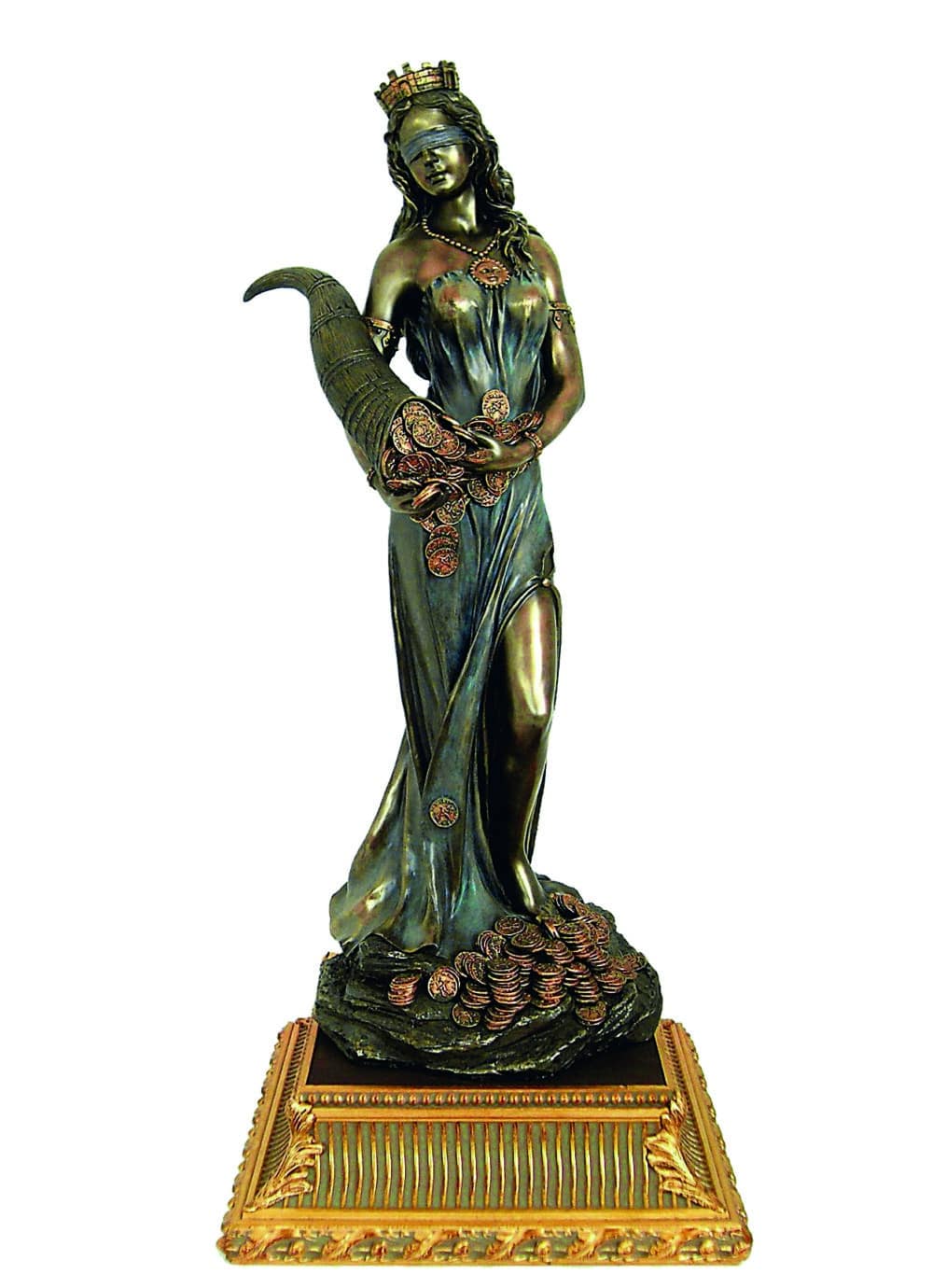 Statuette de la Déesse Fortuna avec Corne d'Abondance en Resine Bronze Patiné sur Socle en Bois