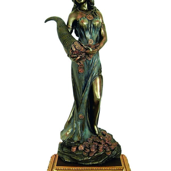 Statuette de la Déesse Fortuna avec Corne d'Abondance en Resine Bronze Patiné sur Socle en Bois