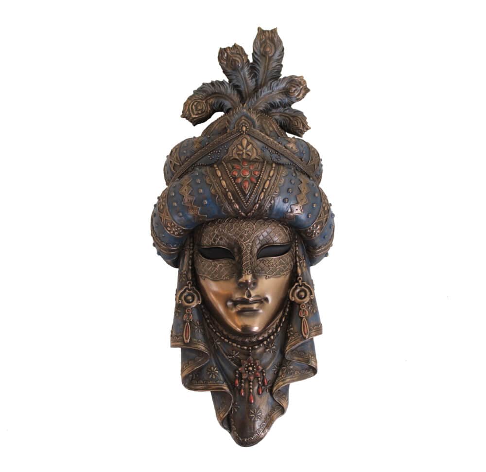 Statuette Masque Venitien En Resine Finition Bronze Masque de Statuette en Bronze avec Plumes et Turban