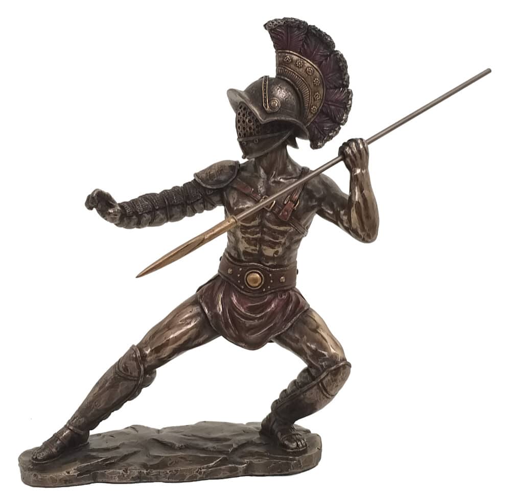 Statuette de Gladiateur en Resine Finition Bronze - Guerrier Romain en Position de Combat avec Lance