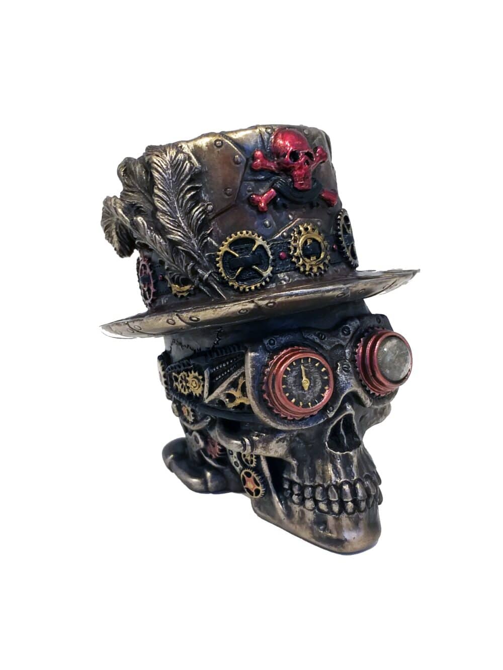 Statuette Crâne Steampunk avec Chapeau à Engrenages