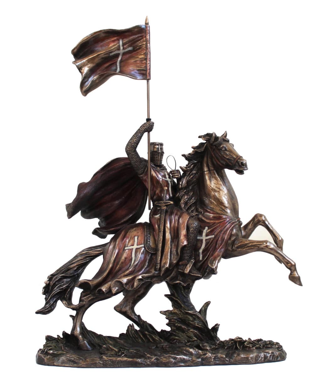 Statuette Chevalier Croisé à Cheval avec Drapeau - Sculpture en Résine Bronze