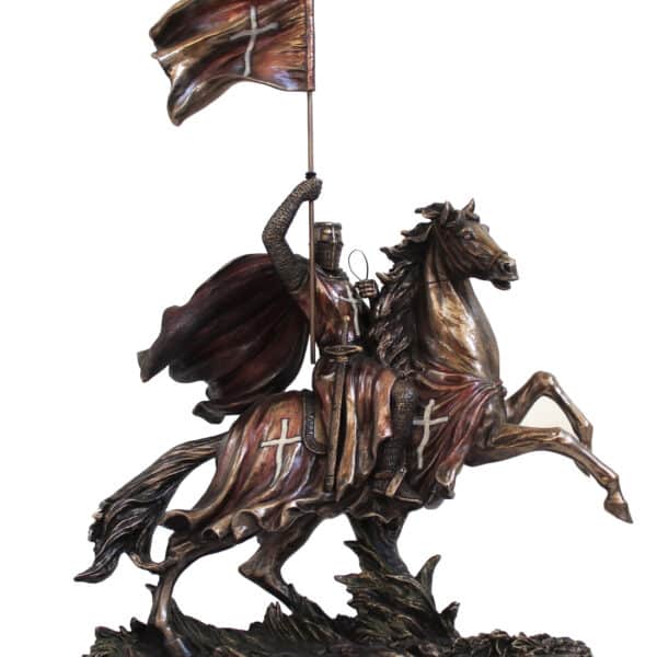 Statuette Chevalier Croisé à Cheval avec Drapeau - Sculpture en Résine Bronze