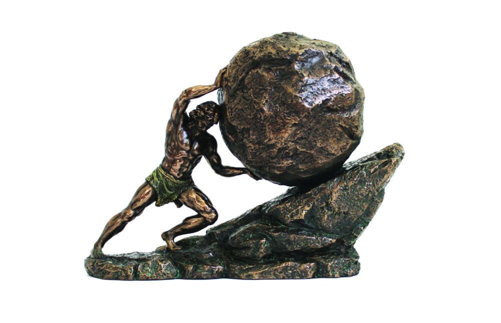 Statuette en bronze de Sisyphe poussant un rocher - Sculpture symbolique de persévérance et de résilience