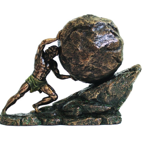 Statuette en bronze de Sisyphe poussant un rocher - Sculpture symbolique de persévérance et de résilience